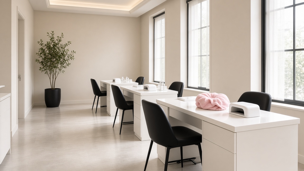 The Lune studio, with white tables and black chairs along a row of windows.